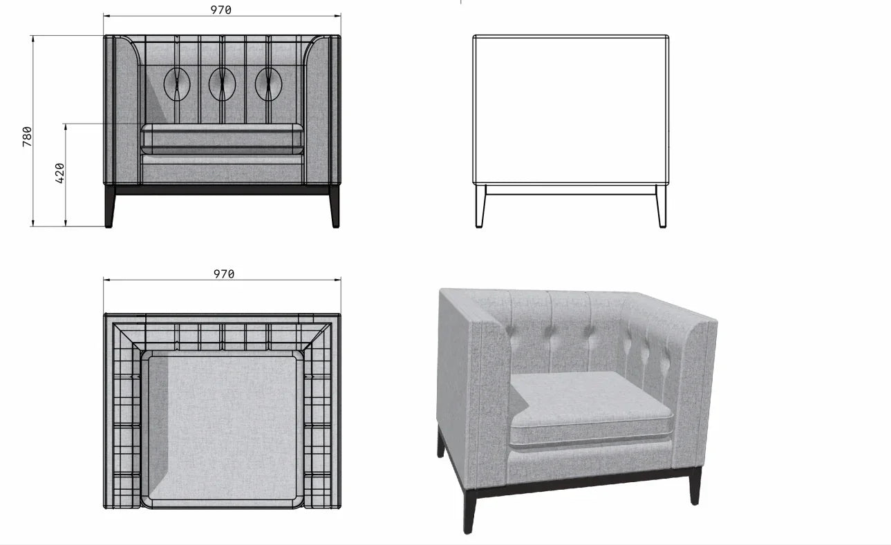 Technical drawing and 3D view of a modern upholstered armchair with dimensions shown.