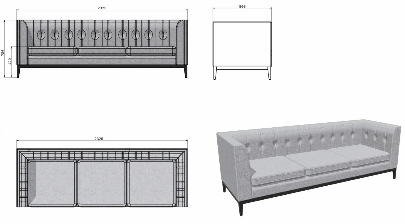 Modern 3-seater sofa technical drawing with dimensions and tufted upholstery detail