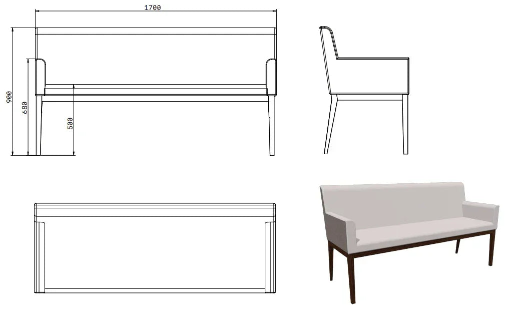 Technical drawing and 3D view of upholstered bench with armrests and wooden legs, dimensions labeled.