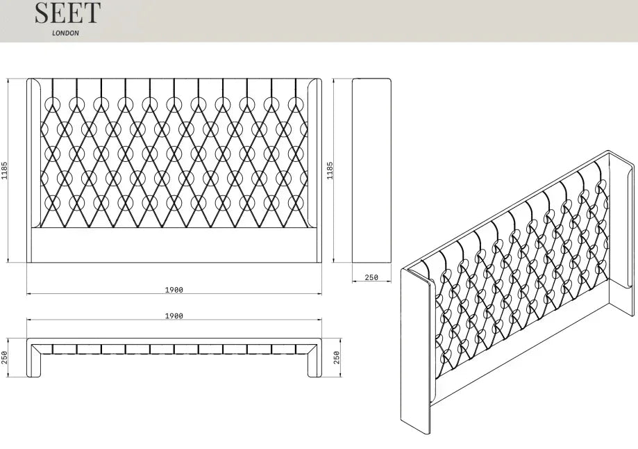 Technical drawing of super king size upholstered headboard with diamond-tufted pattern and dimensions.