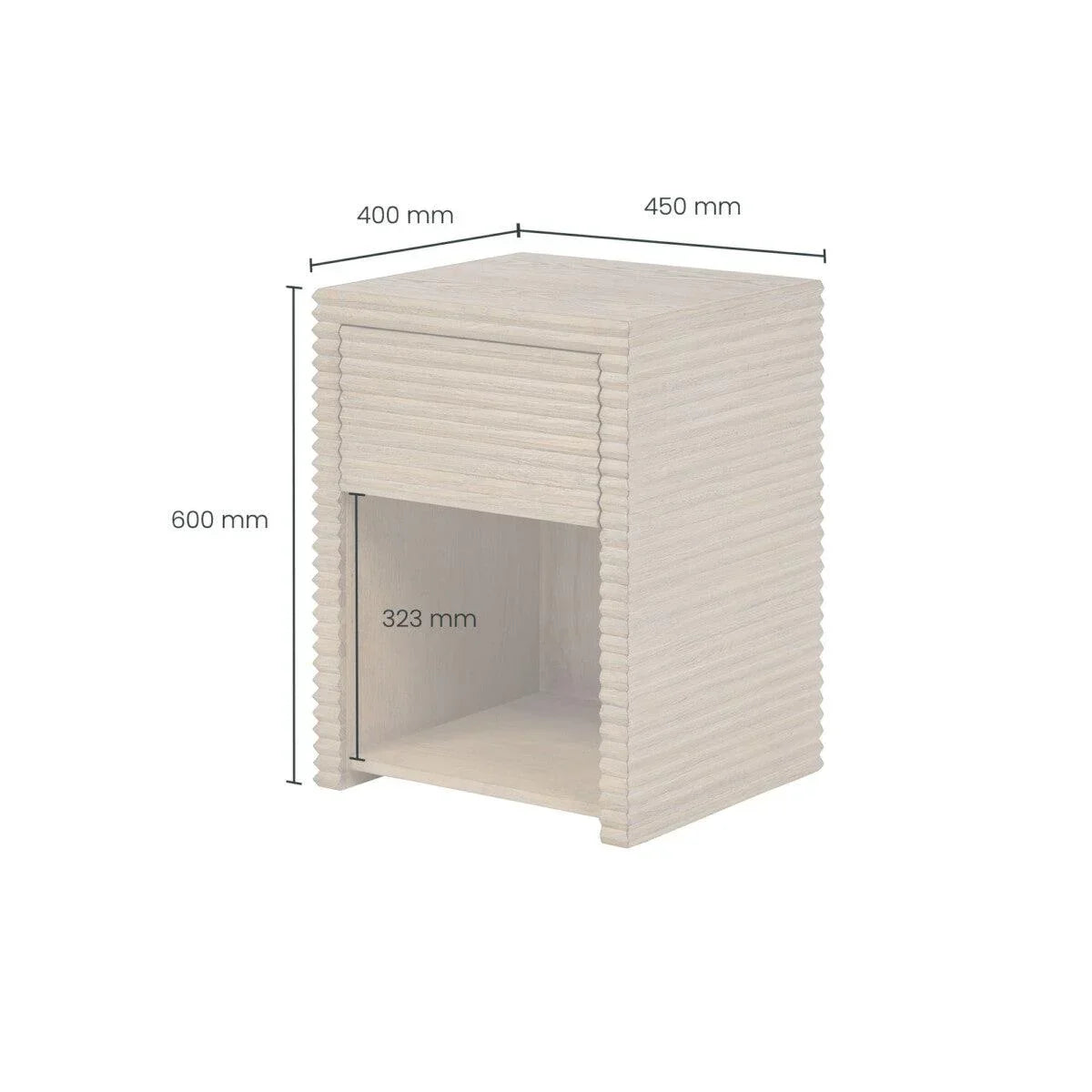 Light wood bedside table with ribbed texture and dimensions labeled in millimeters.