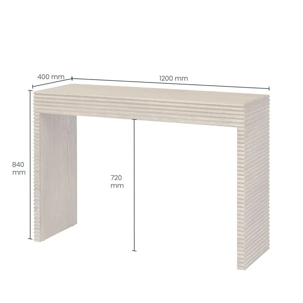 Modern ribbed wood console table in light finish, shown with dimensions 1200x400x840mm.