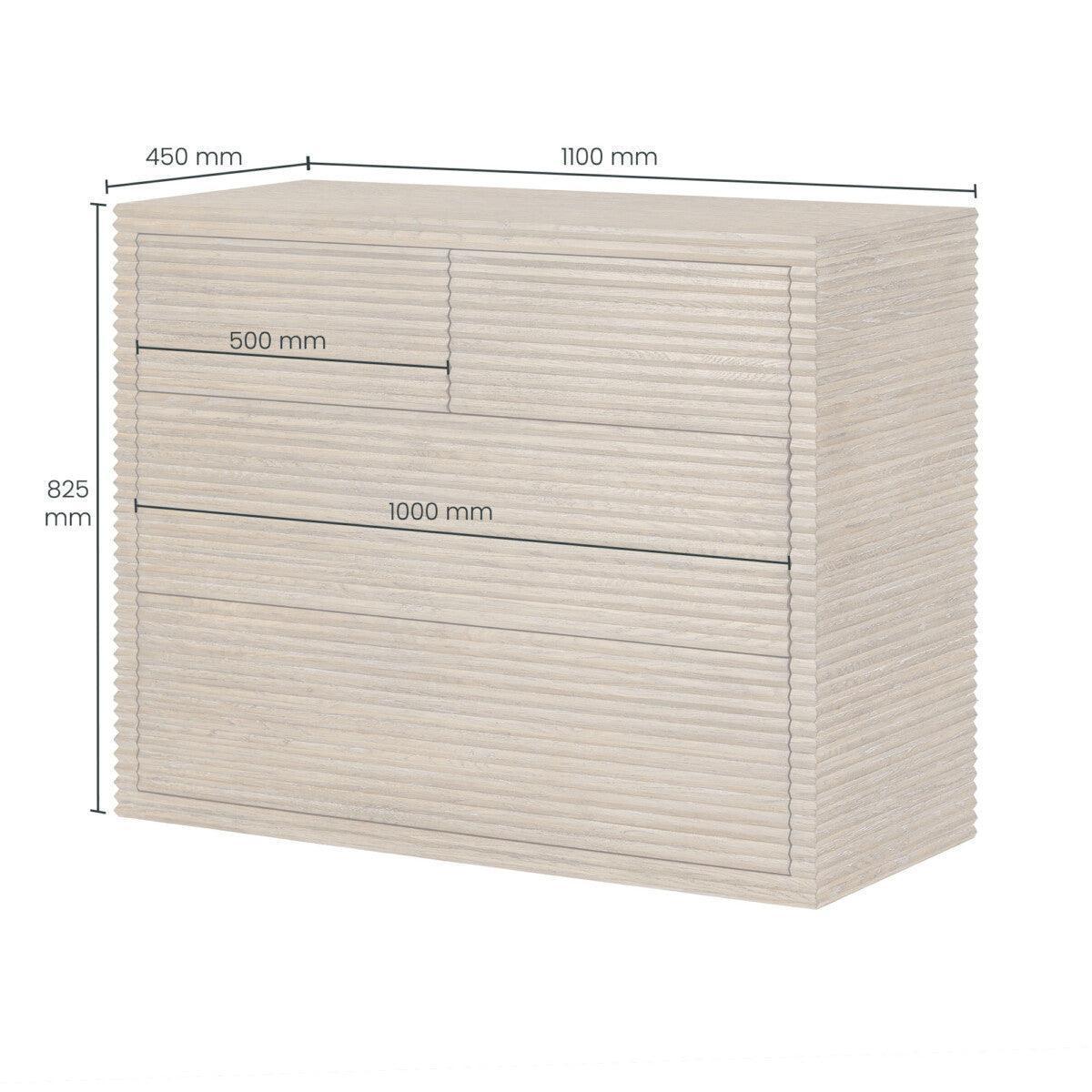 Textured wood chest of drawers with dimensions labeled, modern luxury furniture design.