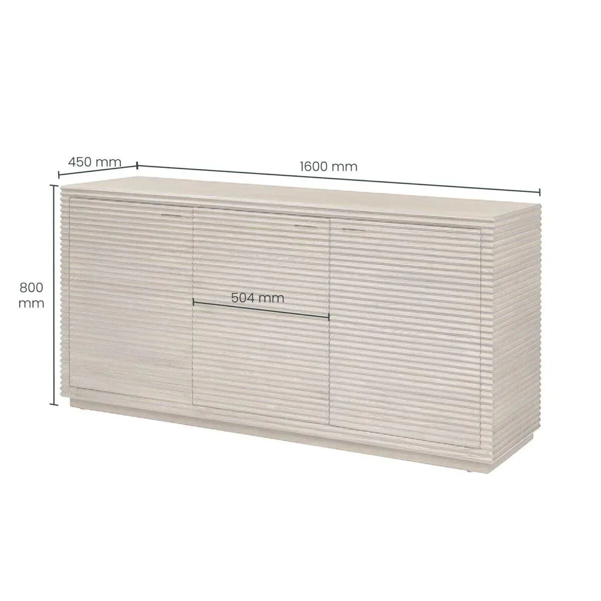 Contemporary light wood sideboard with ribbed texture and dimensions shown in millimeters