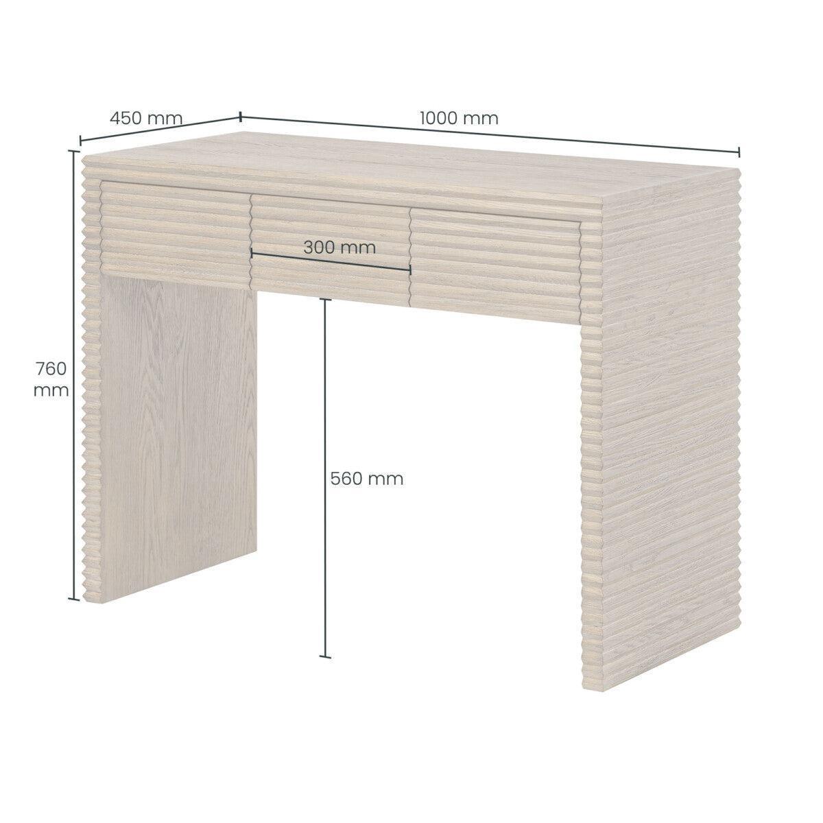 Modern wooden desk with textured sides, center drawer, and labeled dimensions in millimeters