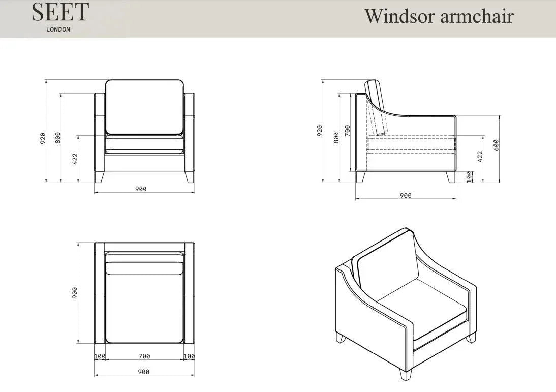 Windsor armchair technical drawing with dimensions, front, side, top, and angled views