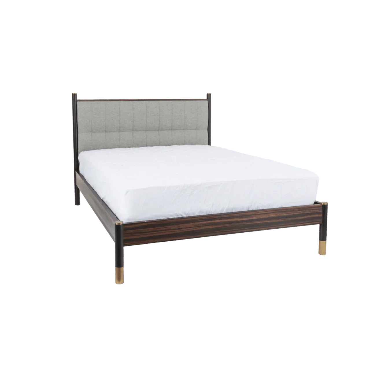 Modern luxury bed with dark wood frame and upholstered gray headboard, white bedding