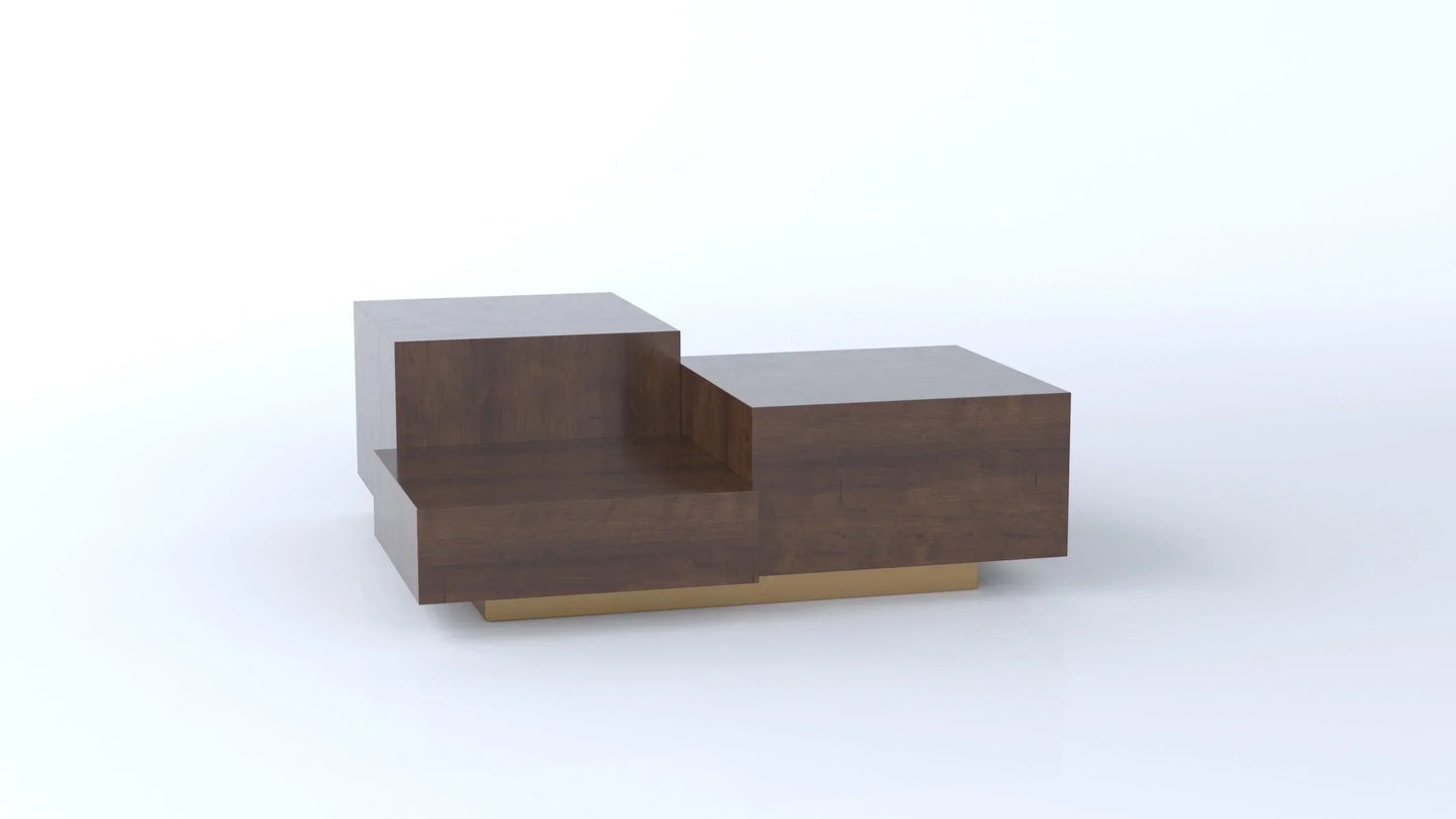Modern brown wood coffee table with geometric tiered design and brass base on white background