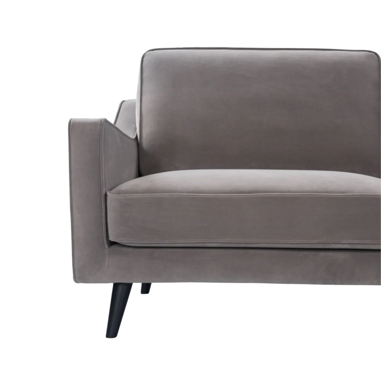 Modern grey velvet two-seat sofa with plush cushions and sleek black legs