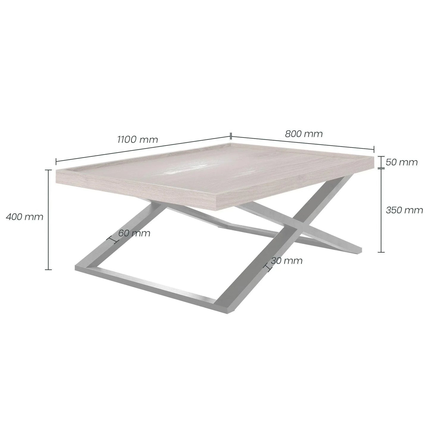 Modern rectangular coffee table with metal cross legs and wood top, labeled dimensions in millimeters