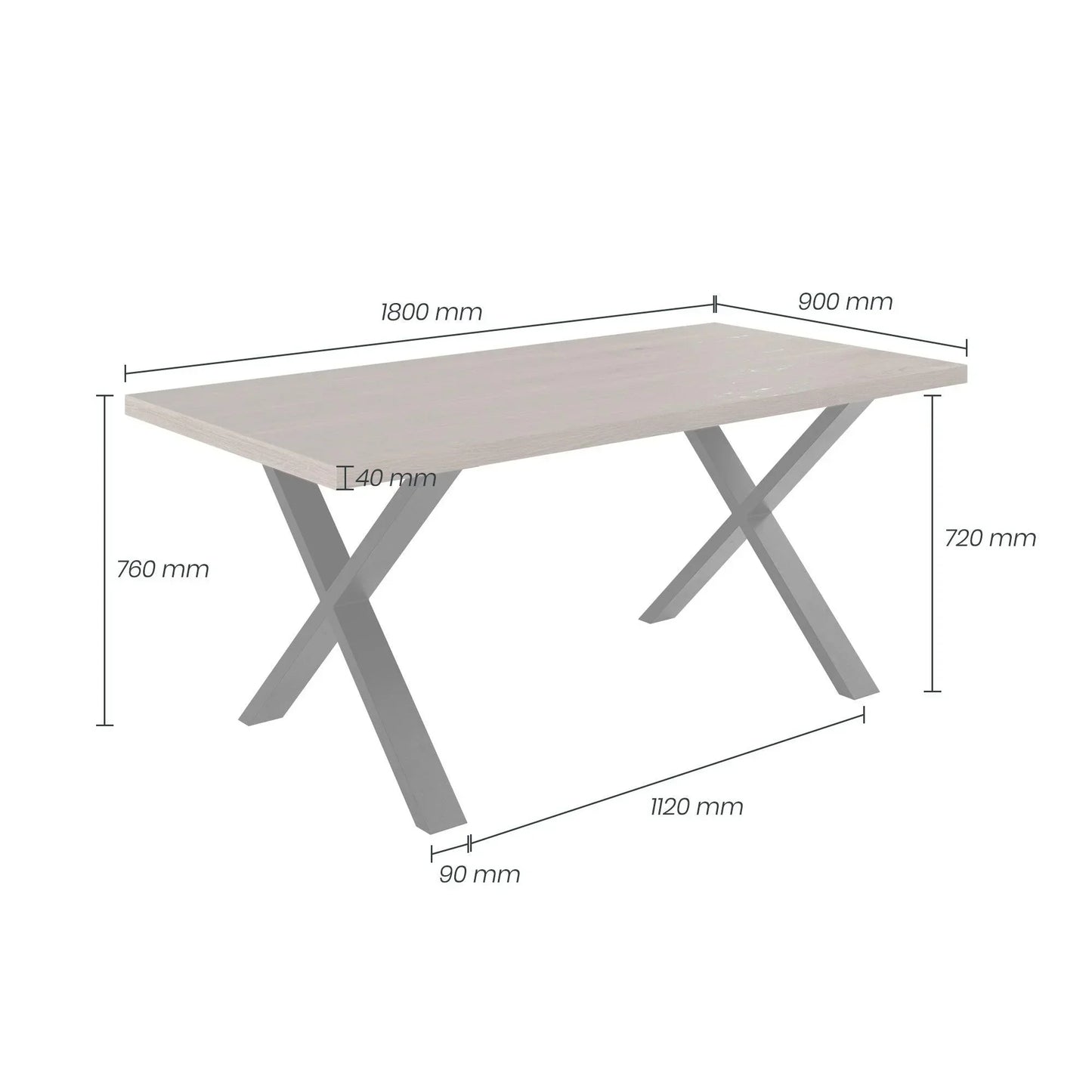Modern rectangular dining table with light wood top, crossed metal legs, and precise measurements in mm.