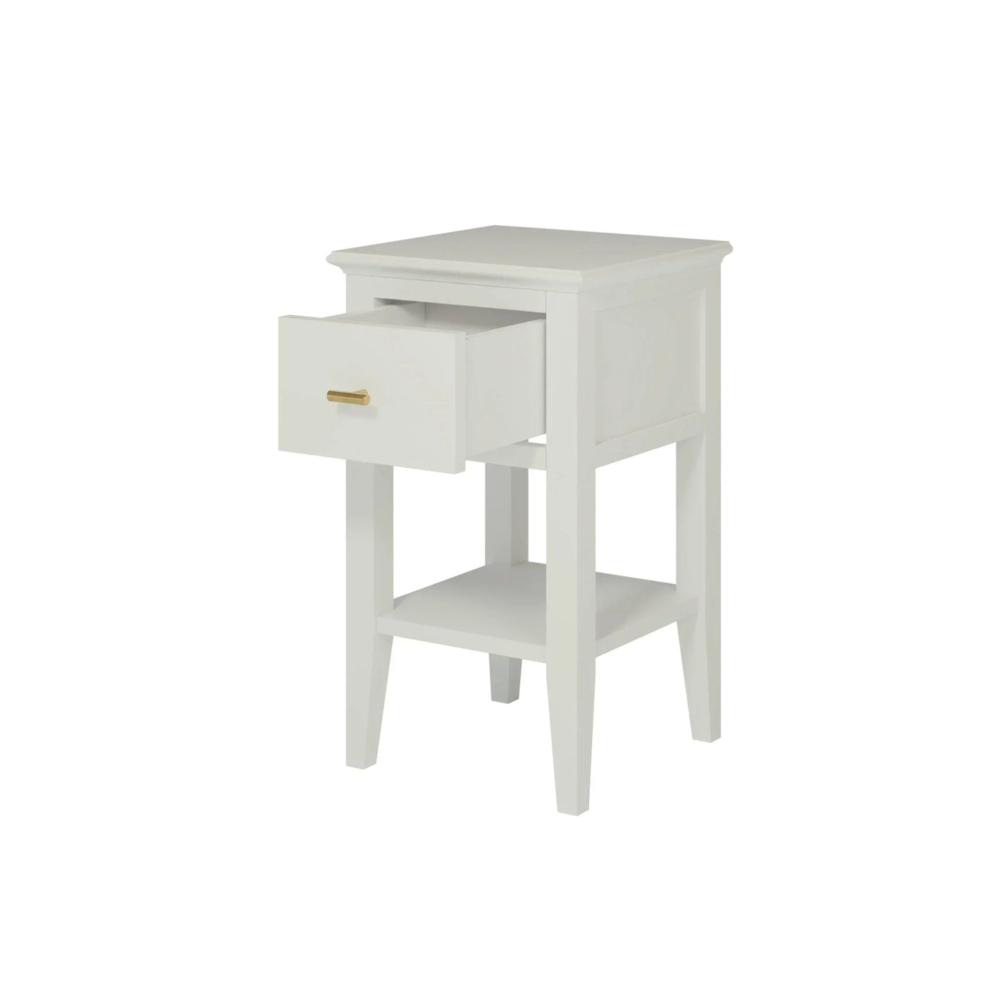 White wooden bedside table with open drawer, brass handle, and lower shelf on white background