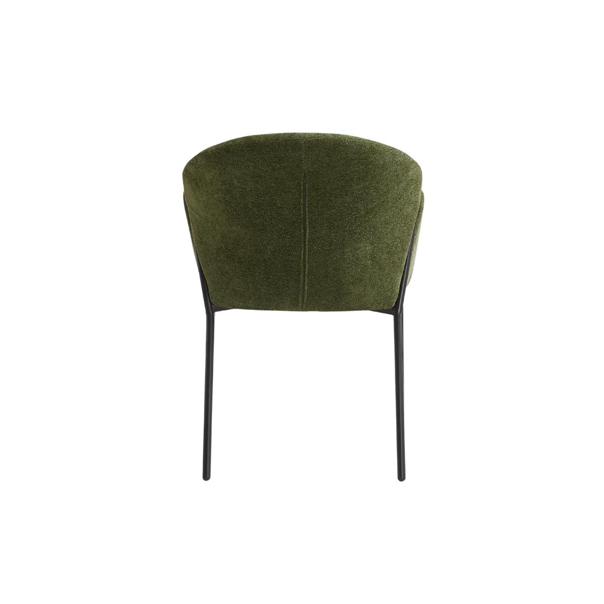 Modern green upholstered accent chair with rounded back and slim black legs, rear view