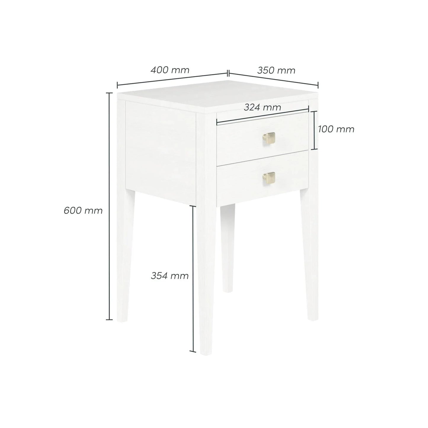 White wooden bedside table with two drawers, gold handles, and measured dimensions in mm.