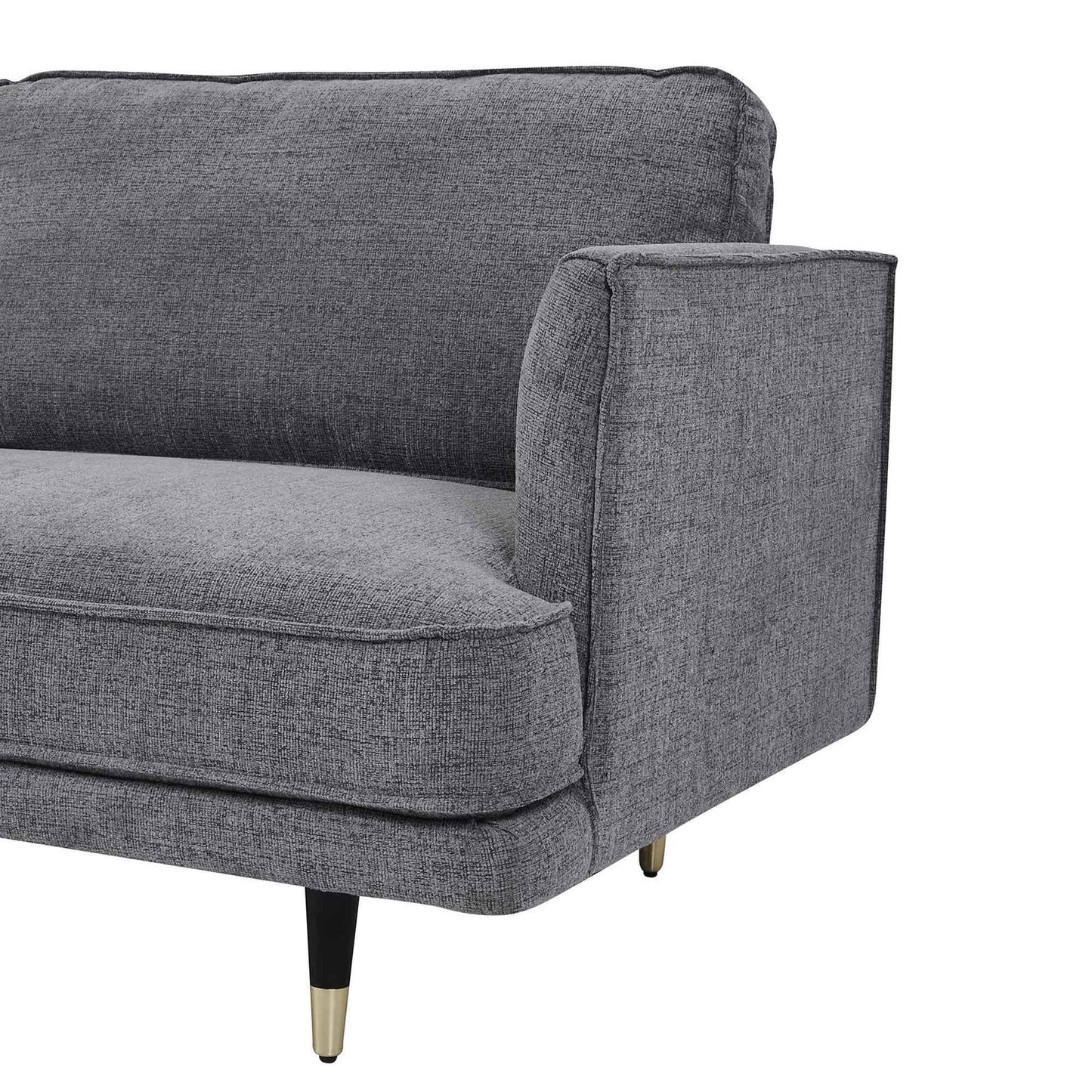 Modern grey fabric sofa with metal-capped legs and clean-lined armrest detail