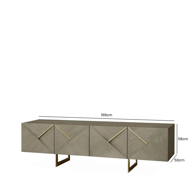 Modern luxury sideboard with geometric panel doors, brass accents and measurements 199cm x 58cm x 50cm