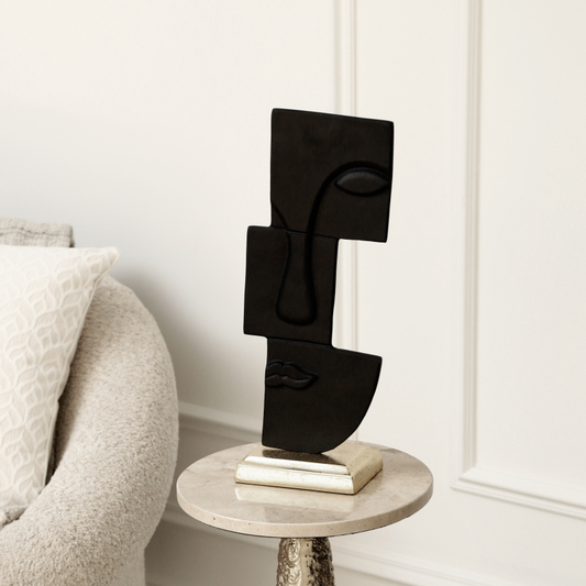 Black Metal Face Sculpture with Gold Base