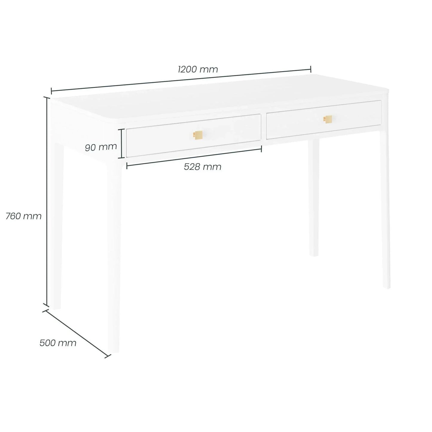 White modern desk with gold drawer handles and labeled dimensions, luxury furniture