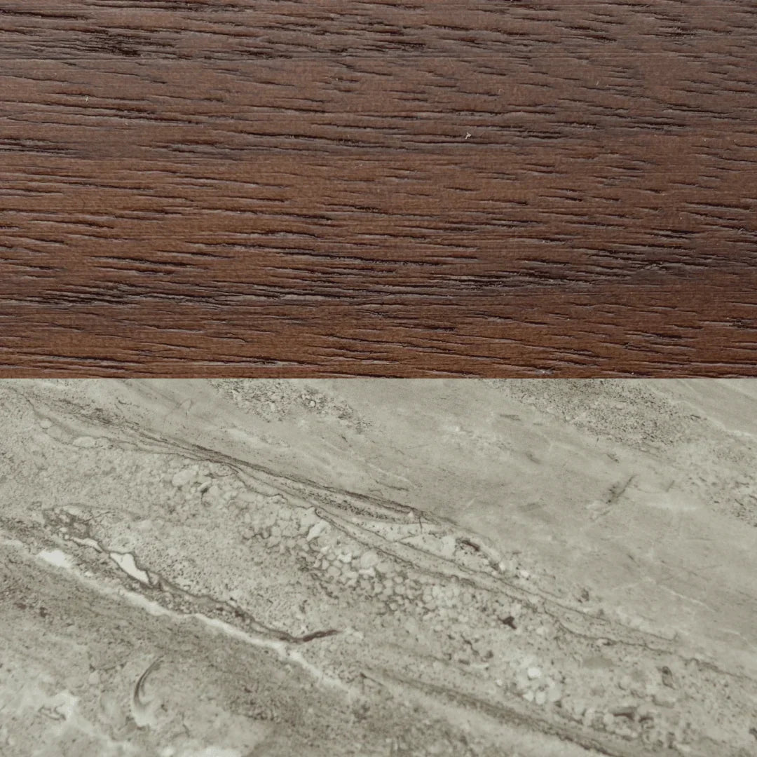 Brown wood grain and light grey marble surface samples for luxury furniture design