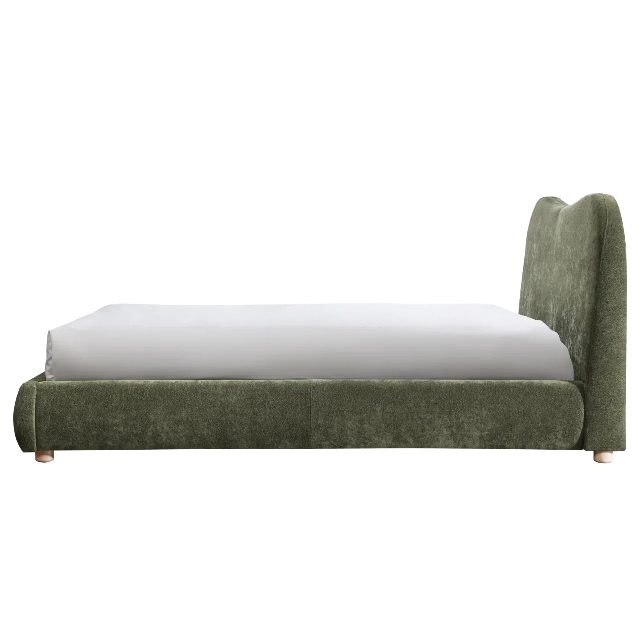 Contemporary olive green upholstered bed frame with wave-shaped headboard, side view