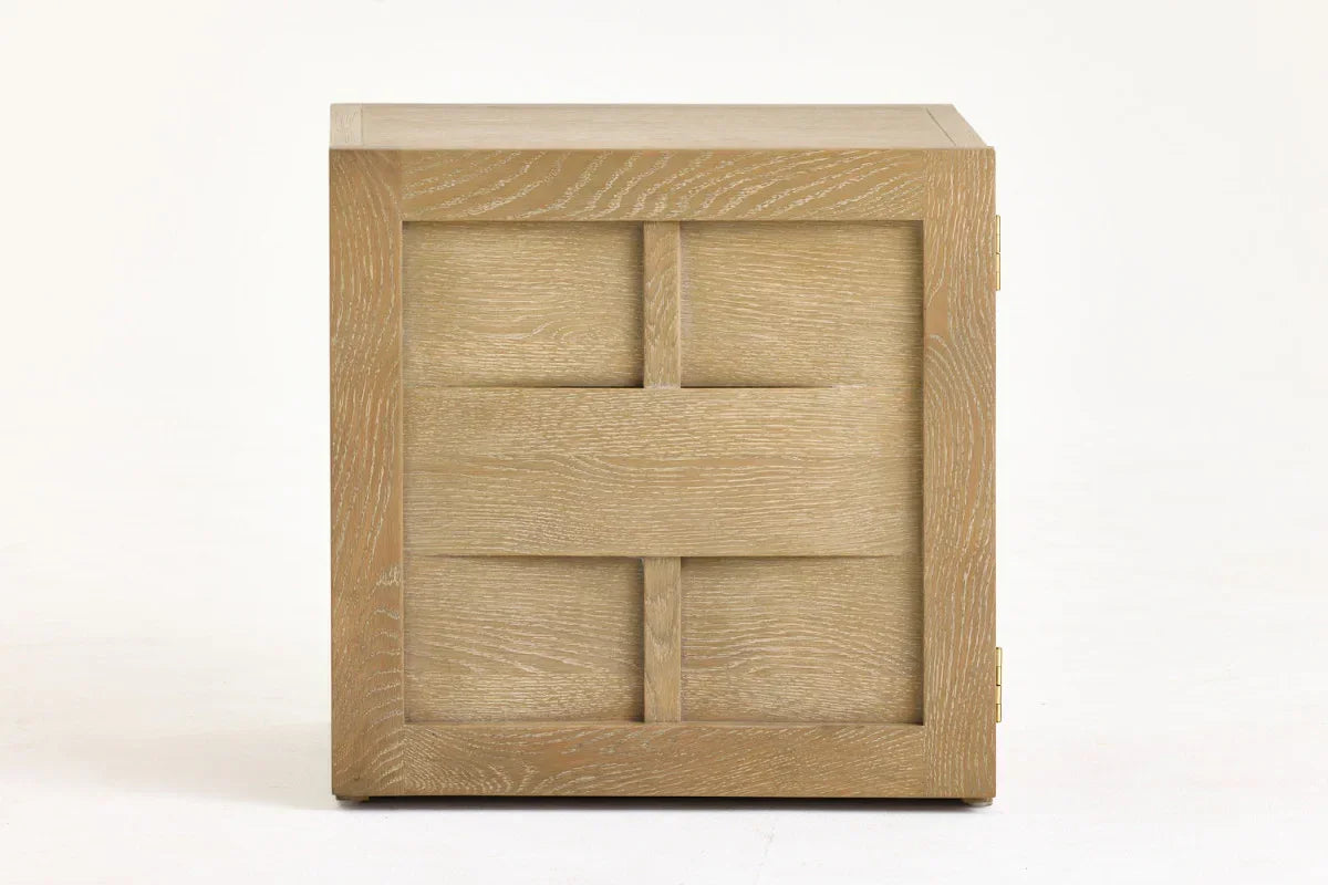 Light oak wood side table with geometric panel detail, modern handcrafted furniture