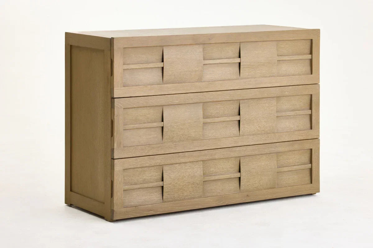 Modern oak three-drawer chest with geometric panel design, minimalist style furniture. Broadway Chest of Drawers
