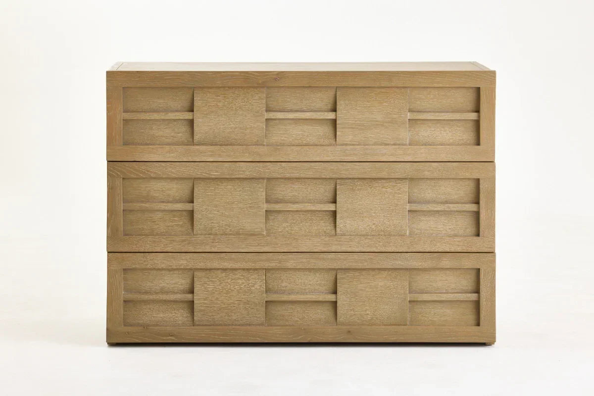 Modern oak chest of drawers with geometric panel details, handcrafted wooden furniture.  Broadway Chest of Drawers