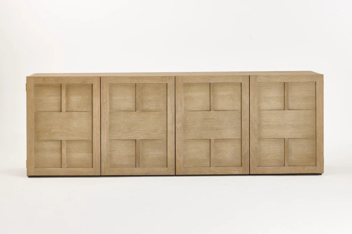 Natural oak sideboard with four panelled doors, geometric pattern, minimal modern design  Broadway sideboard