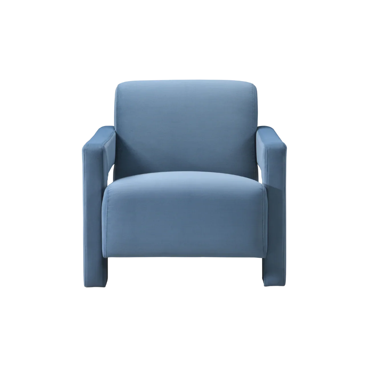 Modern blue velvet armchair with straight arms and minimalist design, front view