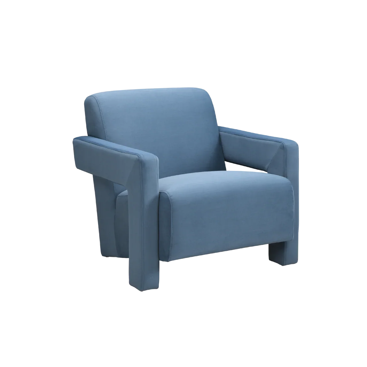 Modern blue velvet armchair with wide arms and plush cushioned seat on white background