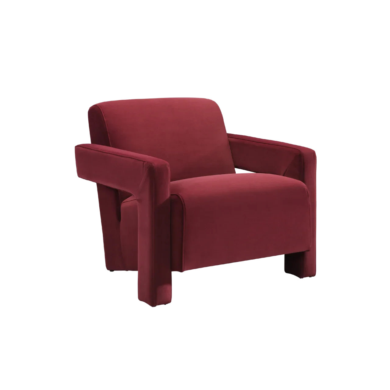 modern burgundy velvet armchair with wide arms and plush upholstery