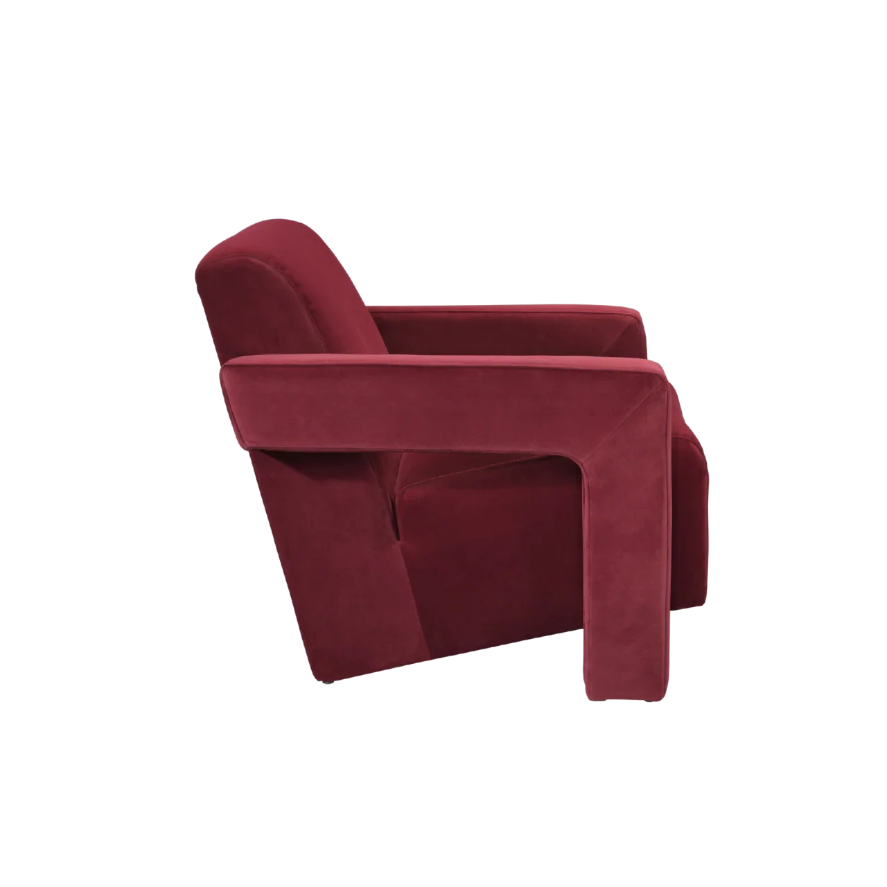 Modern armchair in burgundy velvet with angular design, side view, luxury furniture