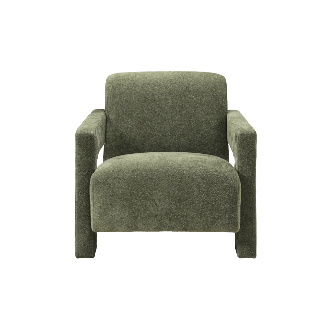 Modern olive green armchair with plush upholstery and boxy arms, front view