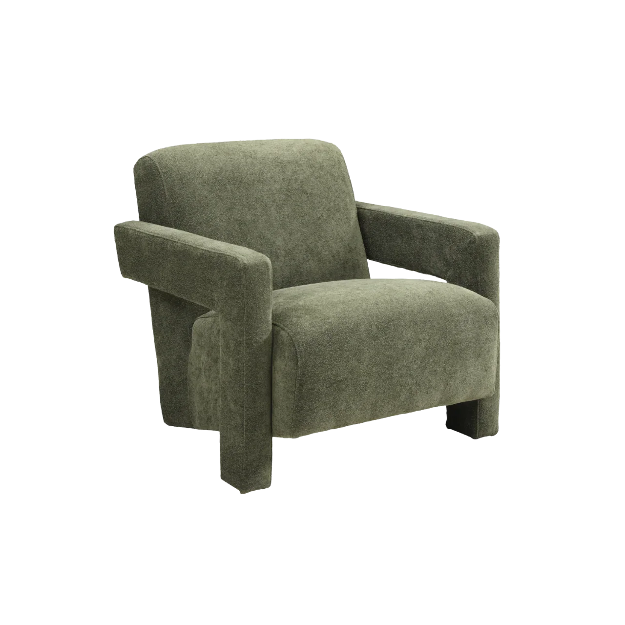 Modern olive green armchair with plush upholstery and wide armrests