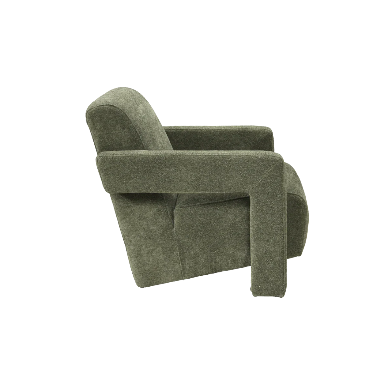 Modern olive green armchair with plush upholstery and geometric armrest design, side view