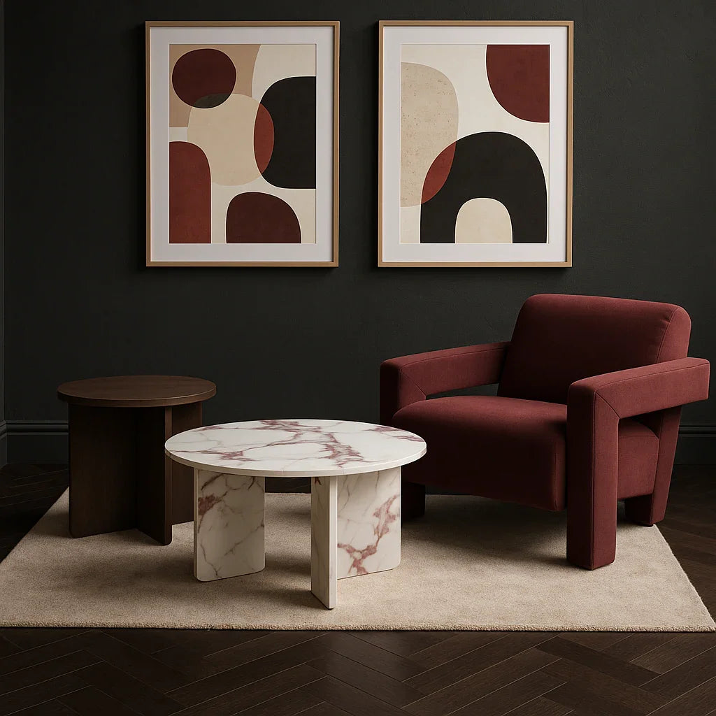 Burgundy armchair, marble coffee table, dark wood side table in modern living room