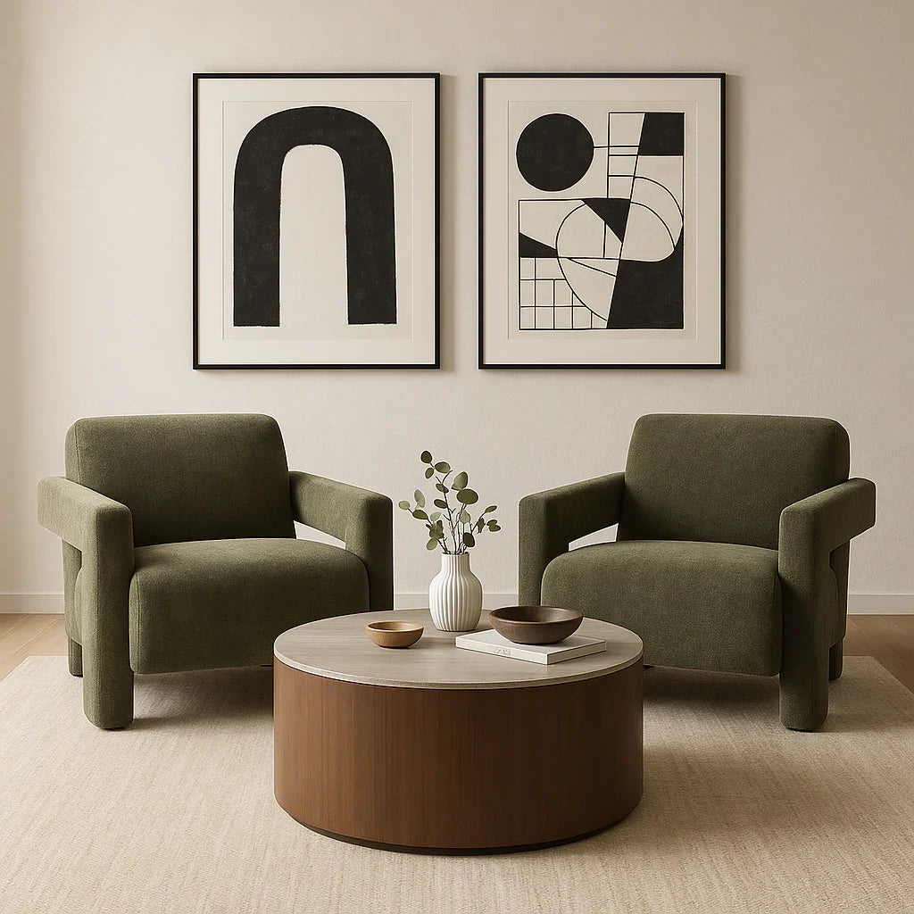 Round wood and stone coffee table with olive green armchairs in modern living room