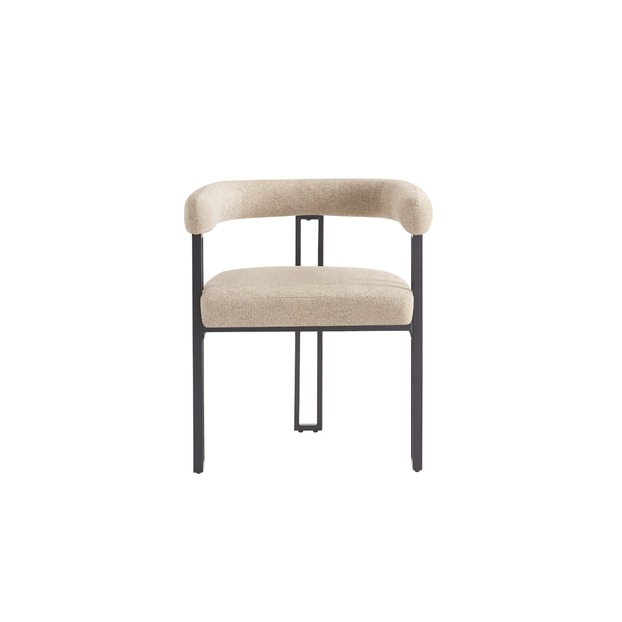 Contemporary oatmeal upholstered chair with curved backrest and slim black metal legs