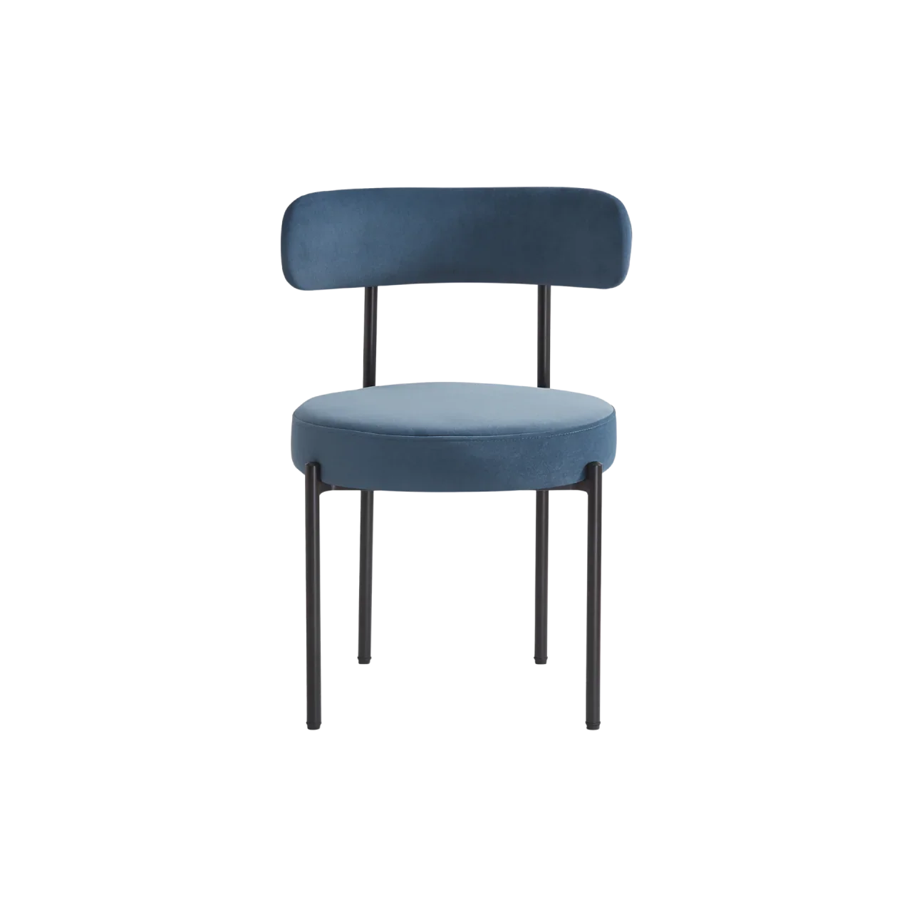 Modern blue velvet dining chair with black metal legs and curved backrest