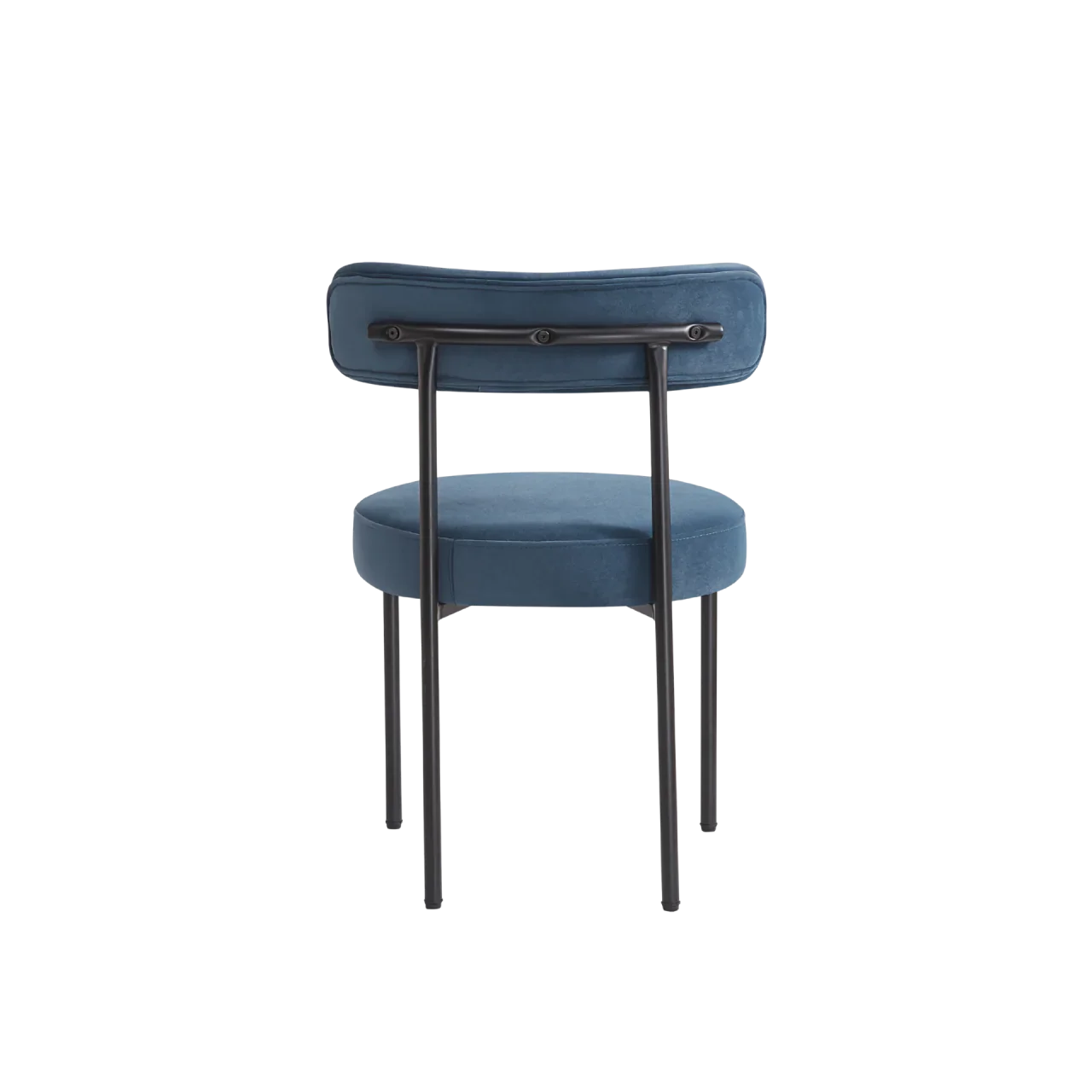 Blue velvet accent chair with metal frame, round seat, and cushioned backrest, modern design
