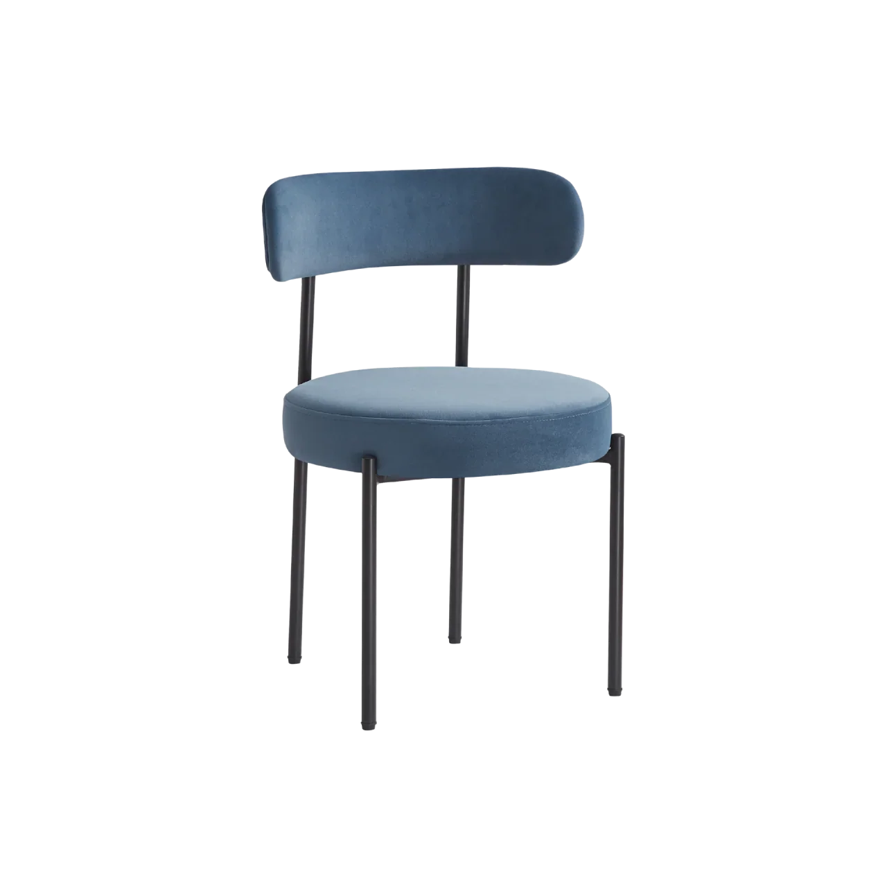 Modern blue velvet dining chair with black metal legs and curved backrest