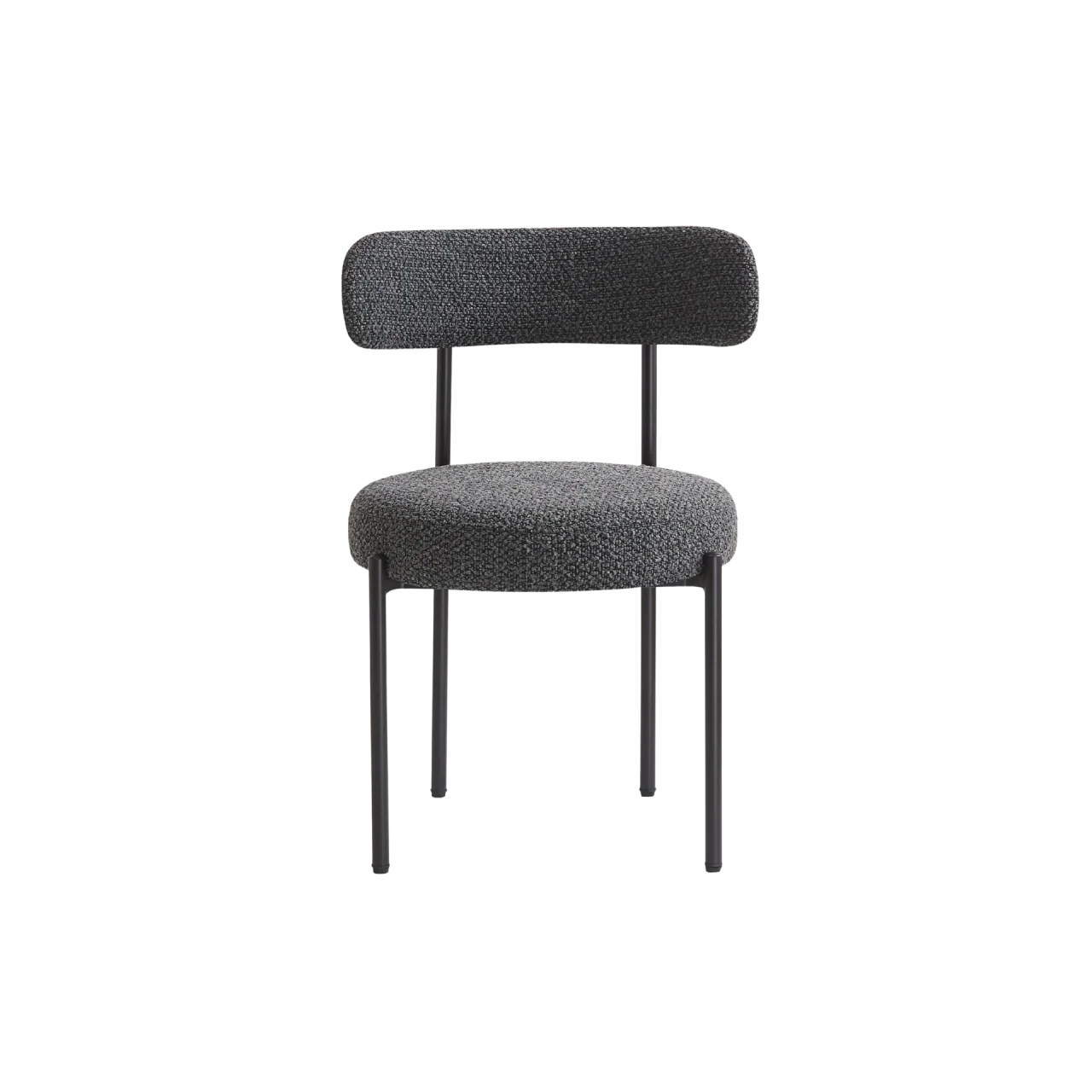 Modern charcoal boucle dining chair with black metal legs and rounded backrest
