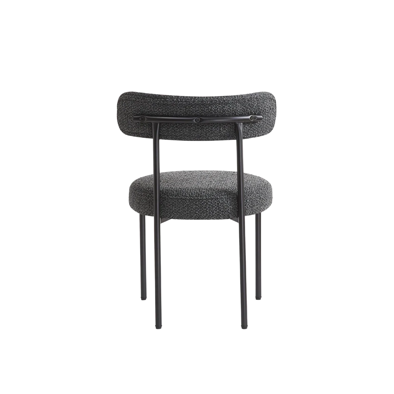 Modern charcoal grey boucle dining chair with metal legs, viewed from the back