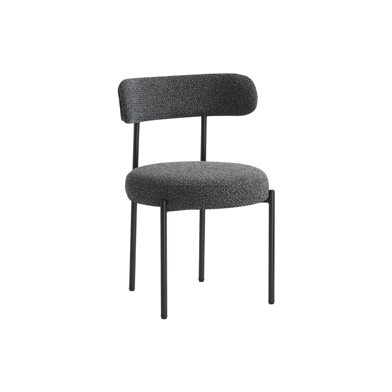 Modern charcoal upholstered chair with boucle fabric, rounded backrest, and slim metal legs