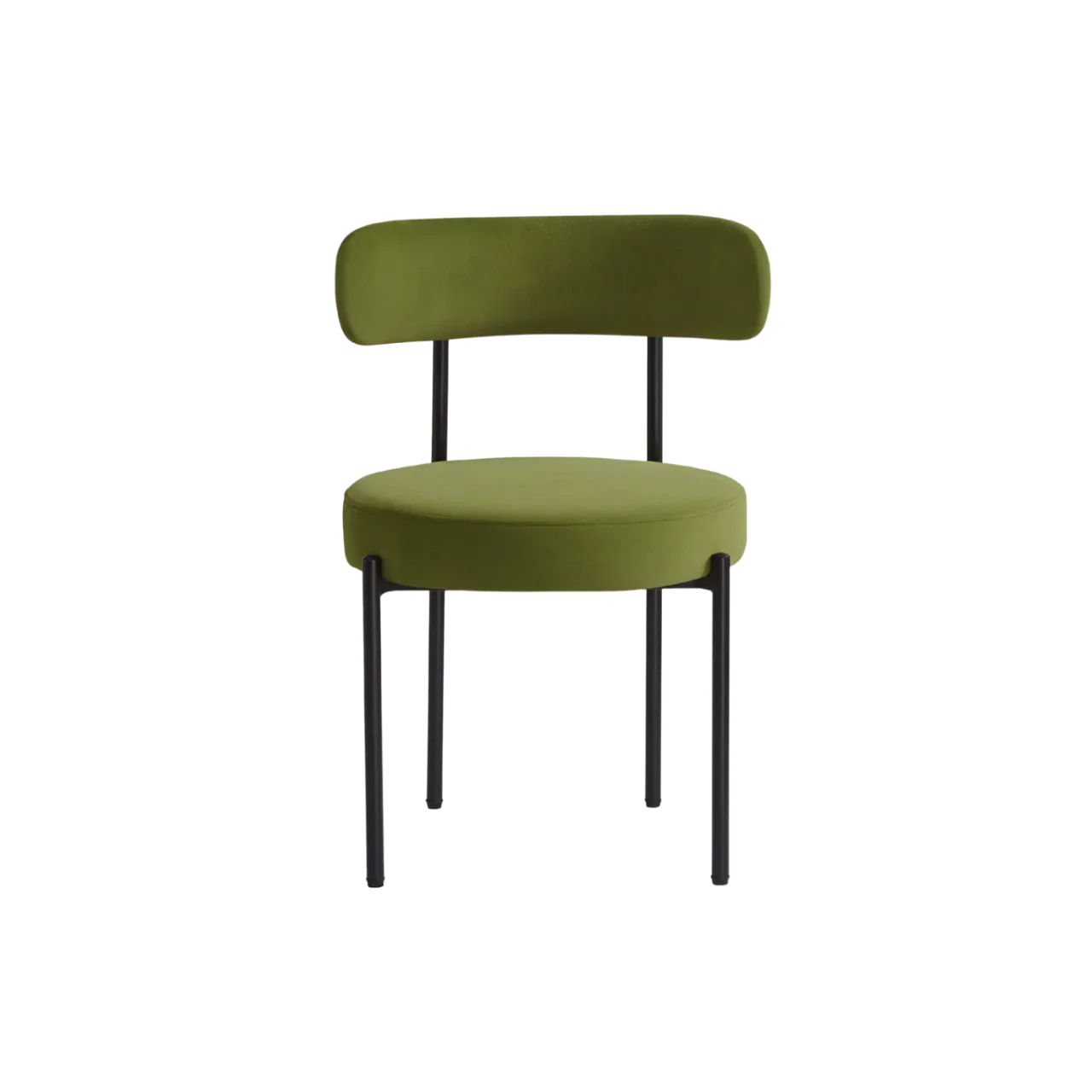 Modern olive green upholstered dining chair with black metal legs and curved backrest
