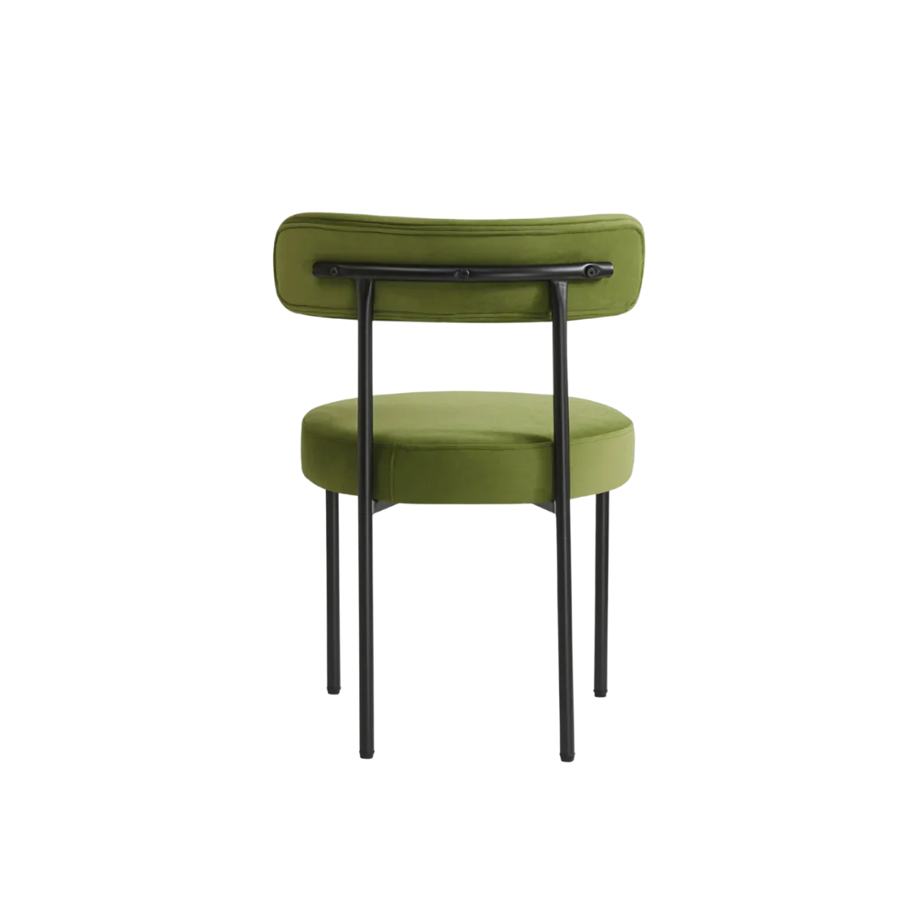 Modern green upholstered chair with black metal legs and rounded backrest, rear view