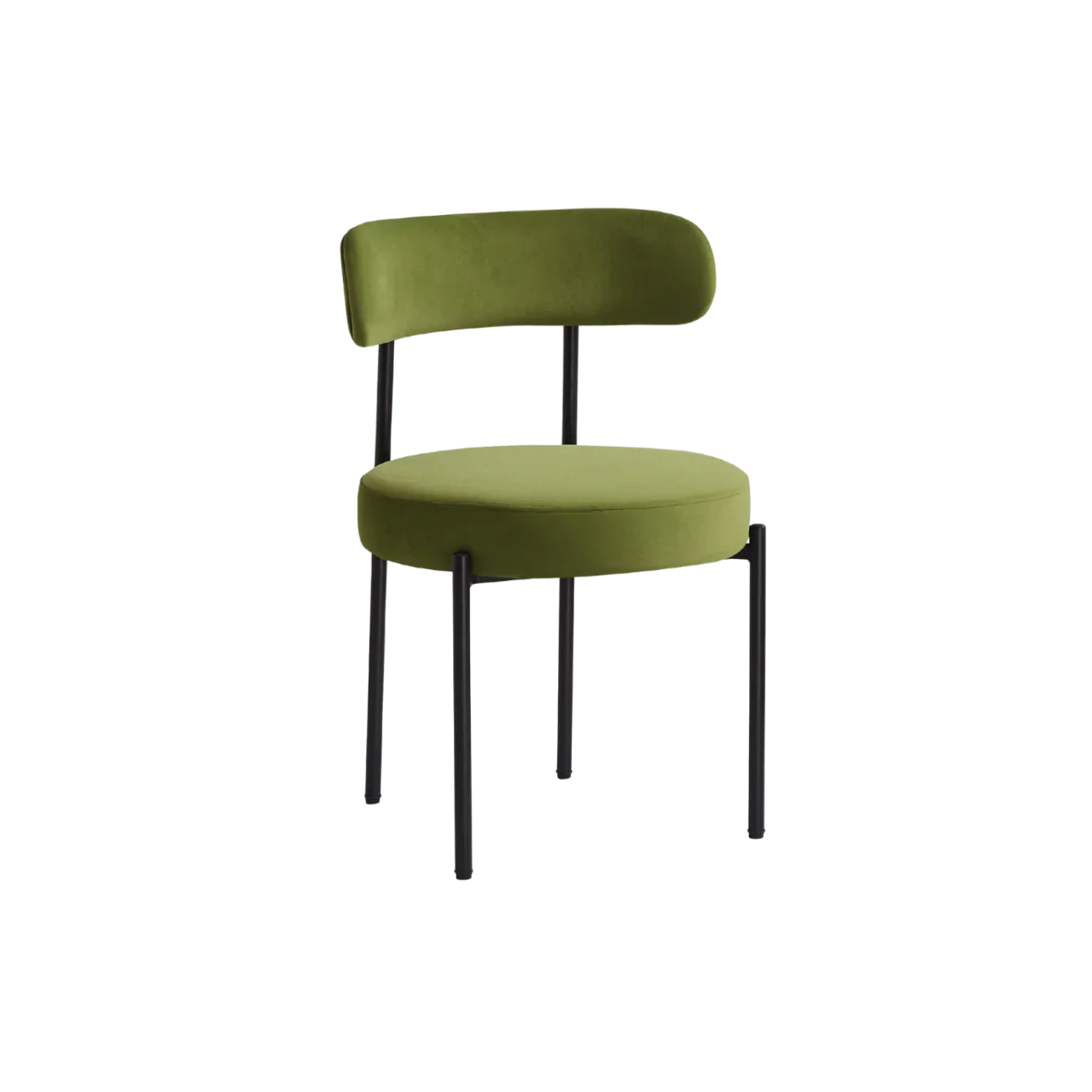 Modern olive green velvet dining chair with curved backrest and black metal legs