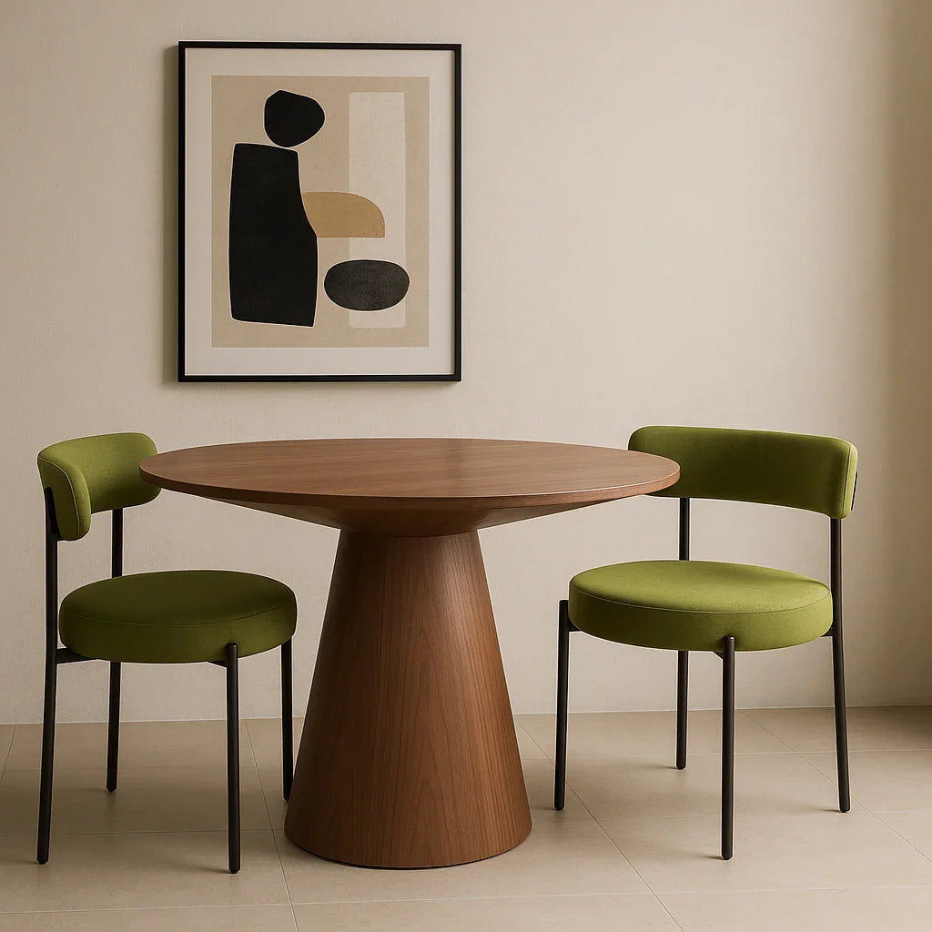 Round walnut wood dining table with two green upholstered chairs in a modern, minimalist room