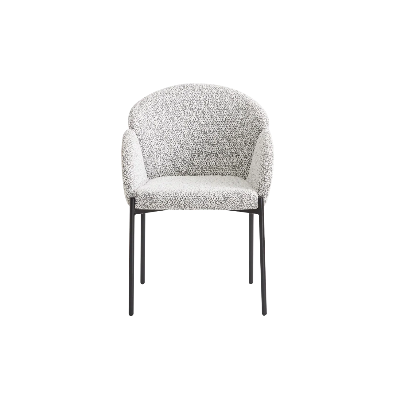 Modern ivory upholstered armchair with black metal legs, front view, isolated on black background