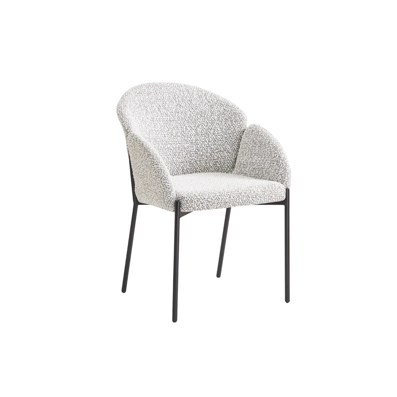 Ivory upholstered modern armchair with curved backrest and slim metal legs